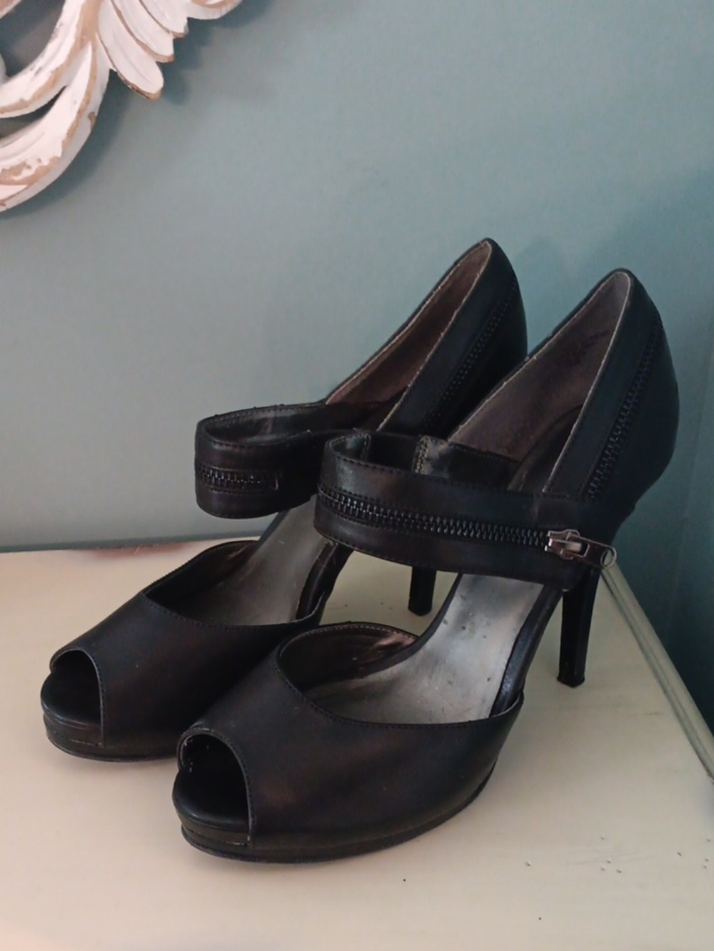 Nine & Co. Black Peep-Toe Zipper Strap Platform Heels